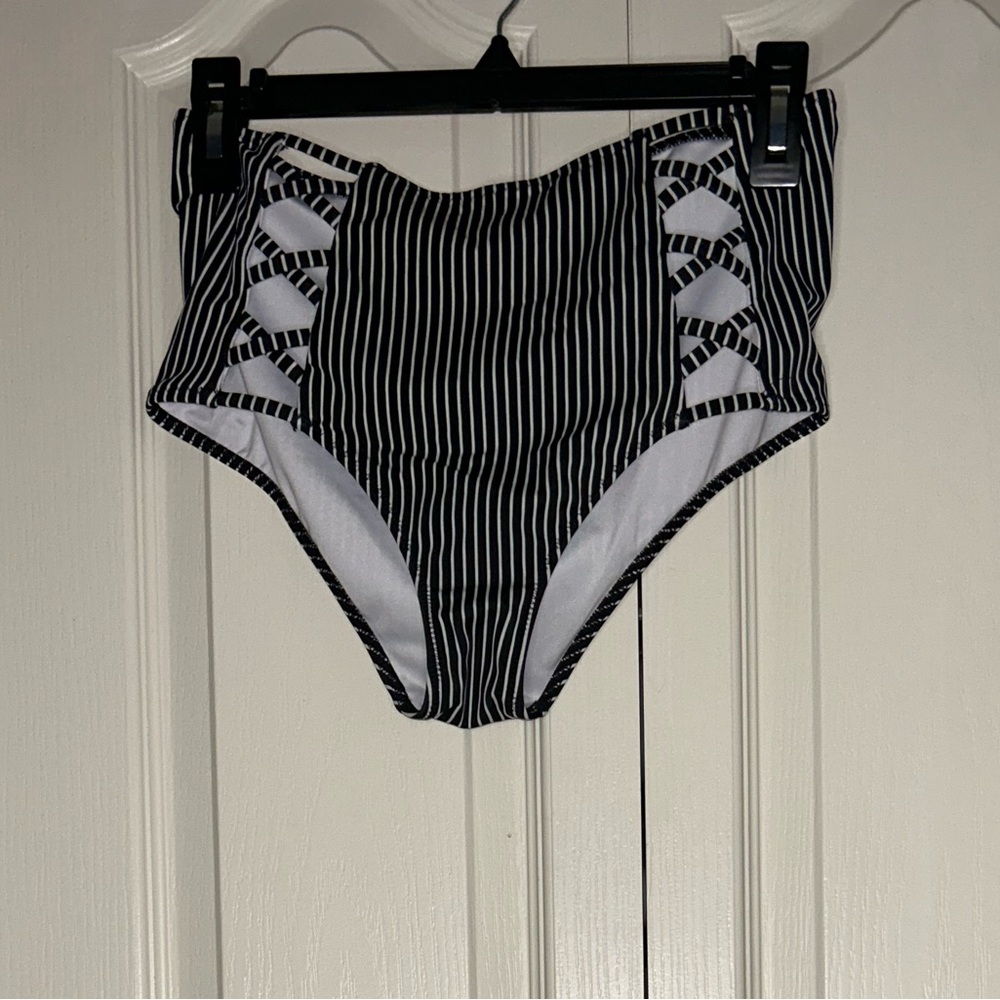 Shade & Shore Black and White Striped High Waisted Bikini Bottoms